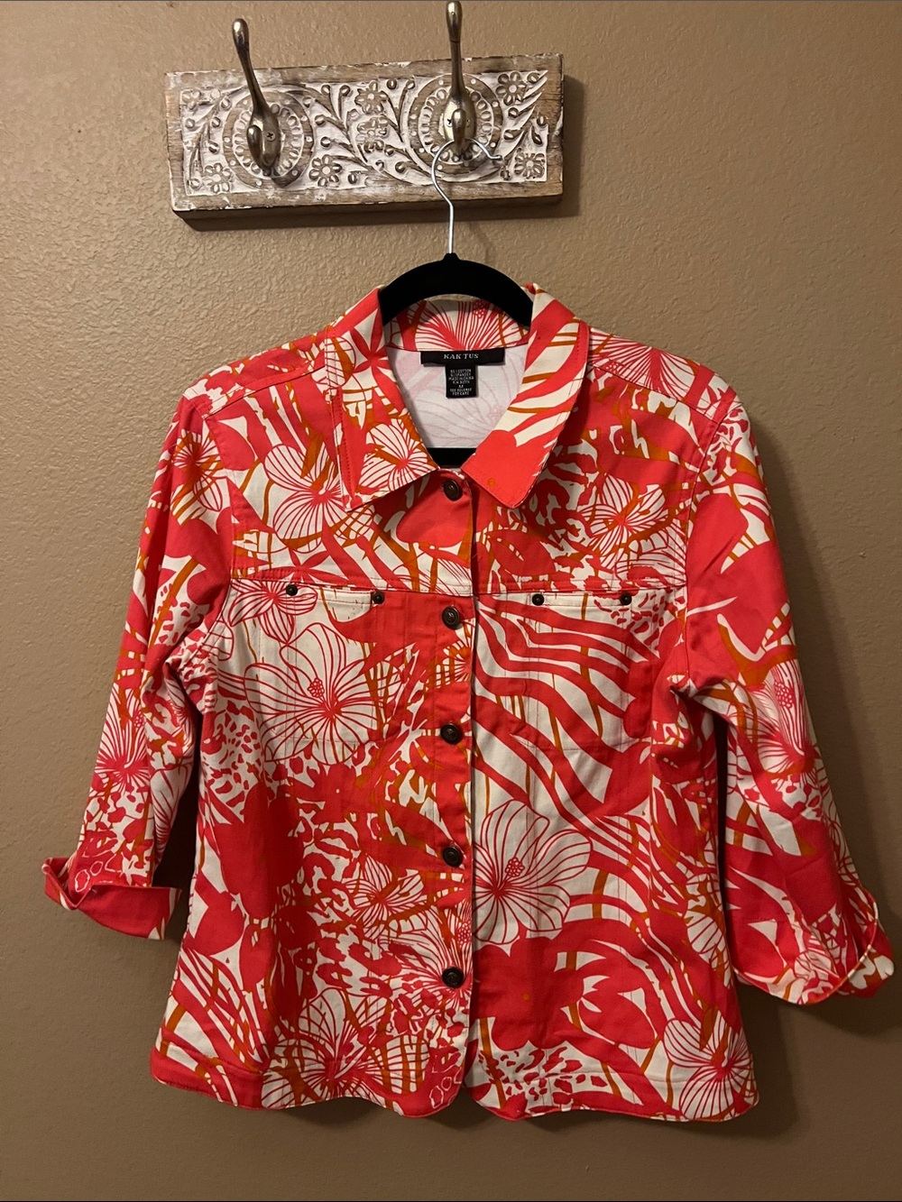 Kak Tus Coral Floral Print Jean Jacket